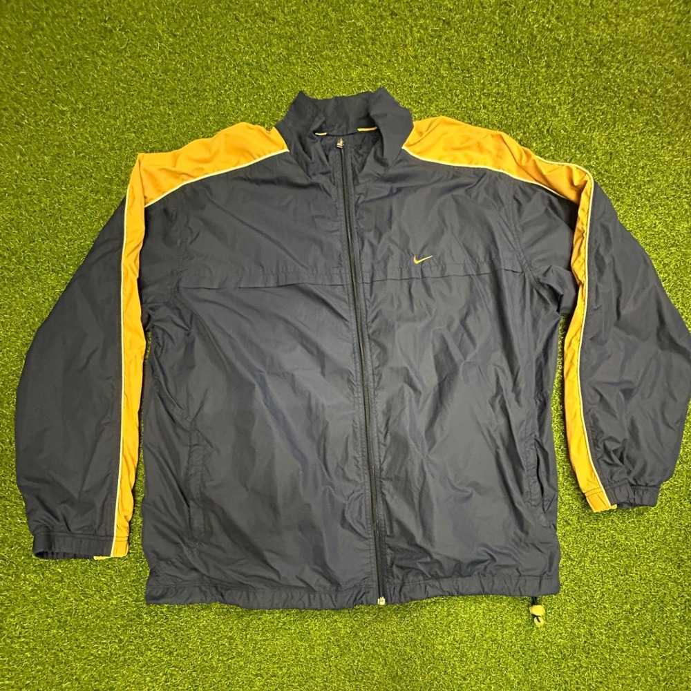 Vintage Nike Mens XXL Windbreaker Jacket Navy Blue Yellow Full Zip Track Coat
